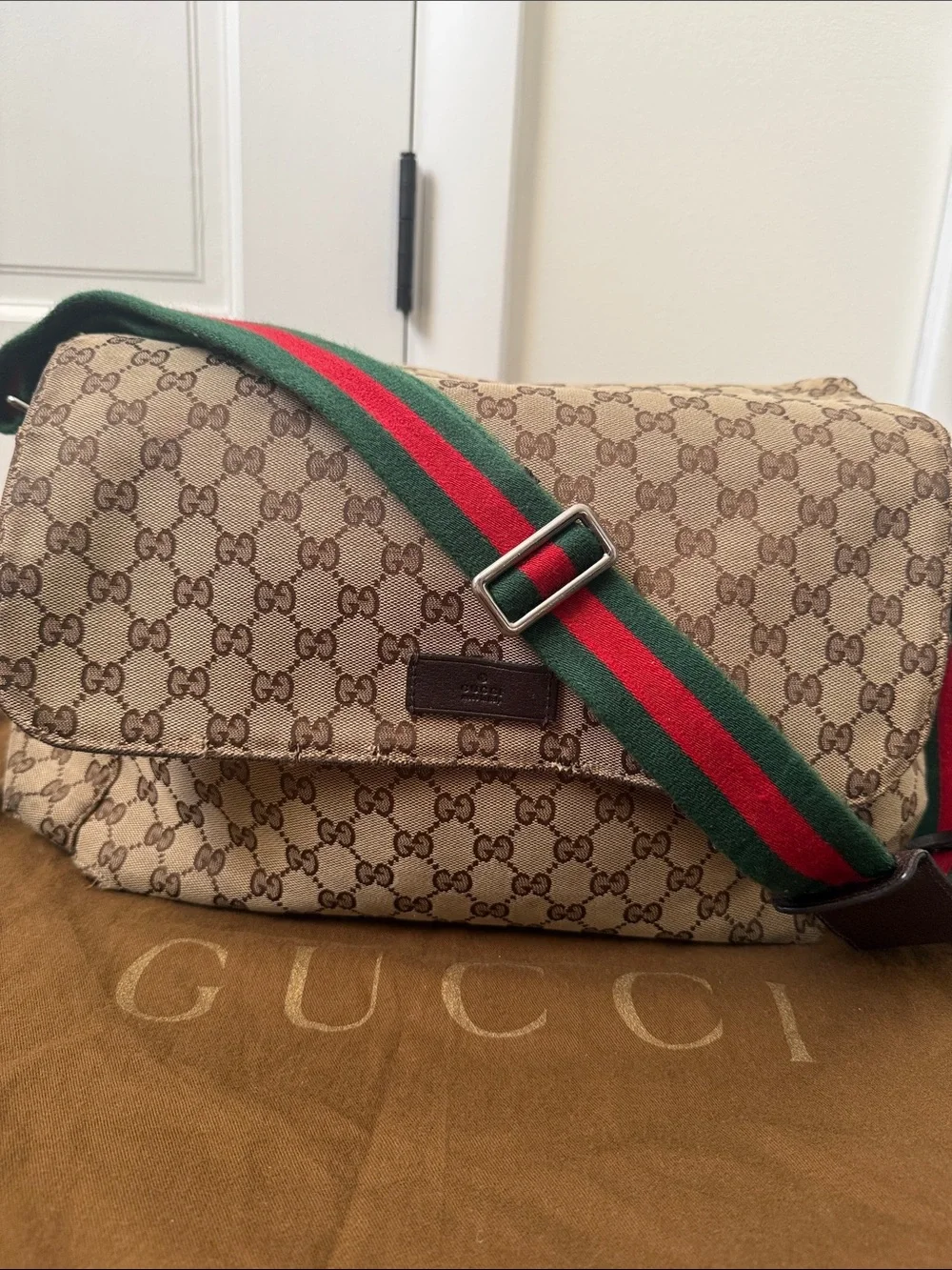Gucci Brown GG Canvas Diaper Bag with Green and Red Signature Strap
